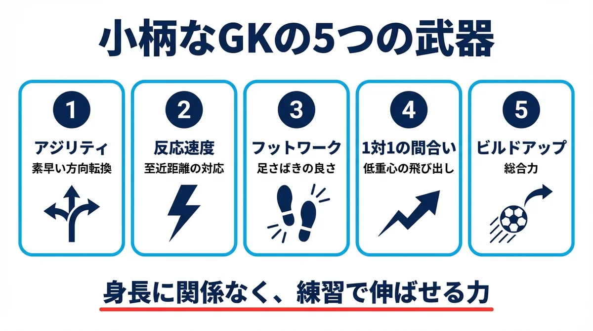 小柄なGKの5つの武器:アジリティ、反応速度、フットワーク、1対1の間合い、ビルドアップの一覧インフォグラフィック