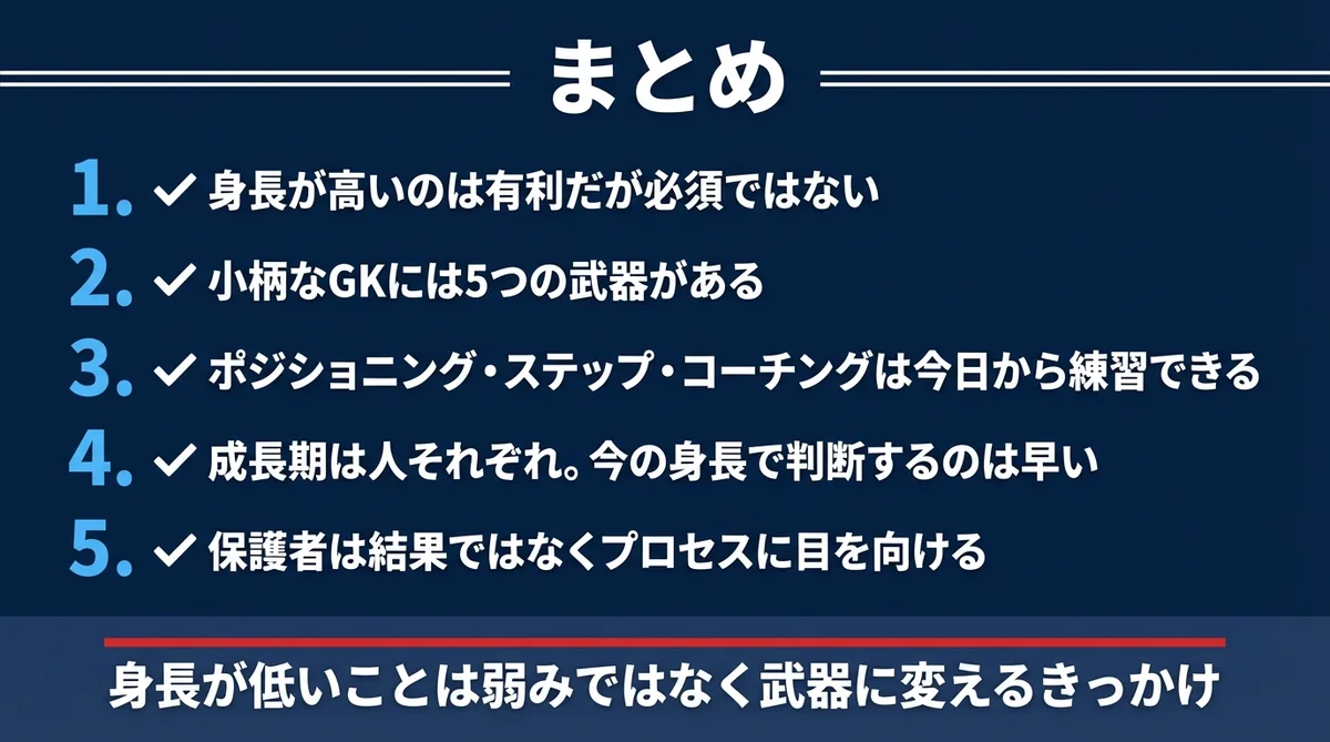 まとめ:身長が高いのは有利だが必須ではない、小柄なGKには5つの武器がある、など5つのポイント