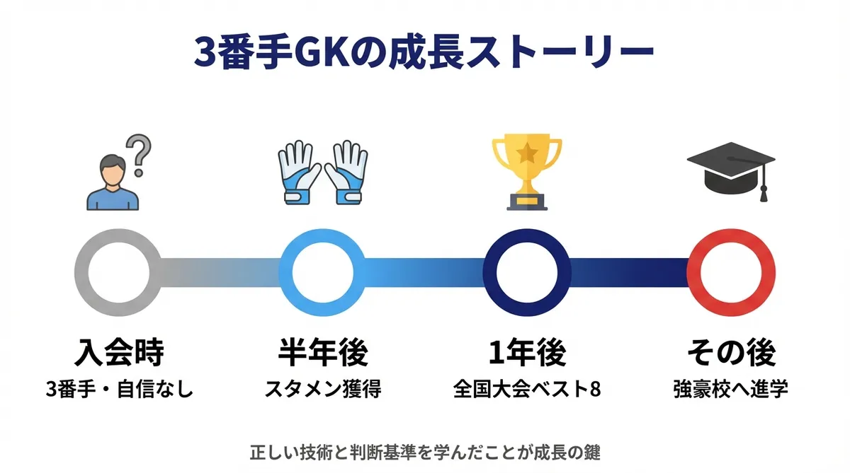 3番手GKが入会から半年でスタメン獲得し1年後に全国大会ベスト8に至った成長タイムライン