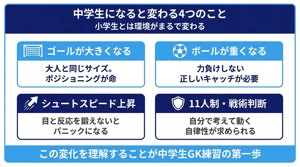 中学生になると変わる4つのこと ゴールが大きくなる ボールが重くなる シュートスピード上昇 11人制と戦術判断
