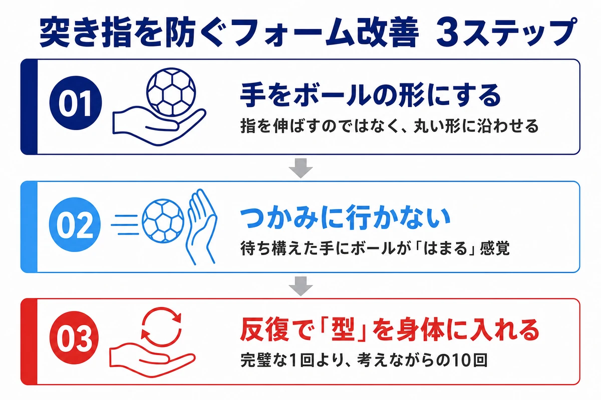 突き指を防ぐフォーム改善3ステップ 手をボールの形にする つかみに行かない 反復で型を身体に入れる