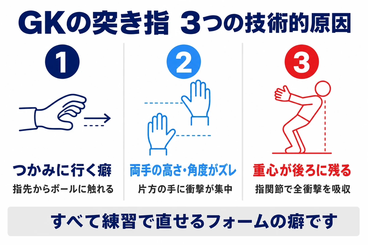 GKの突き指 3つの技術的原因 つかみに行く癖 両手の高さ・角度がズレ 重心が後ろに残る すべて練習で直せるフォームの癖