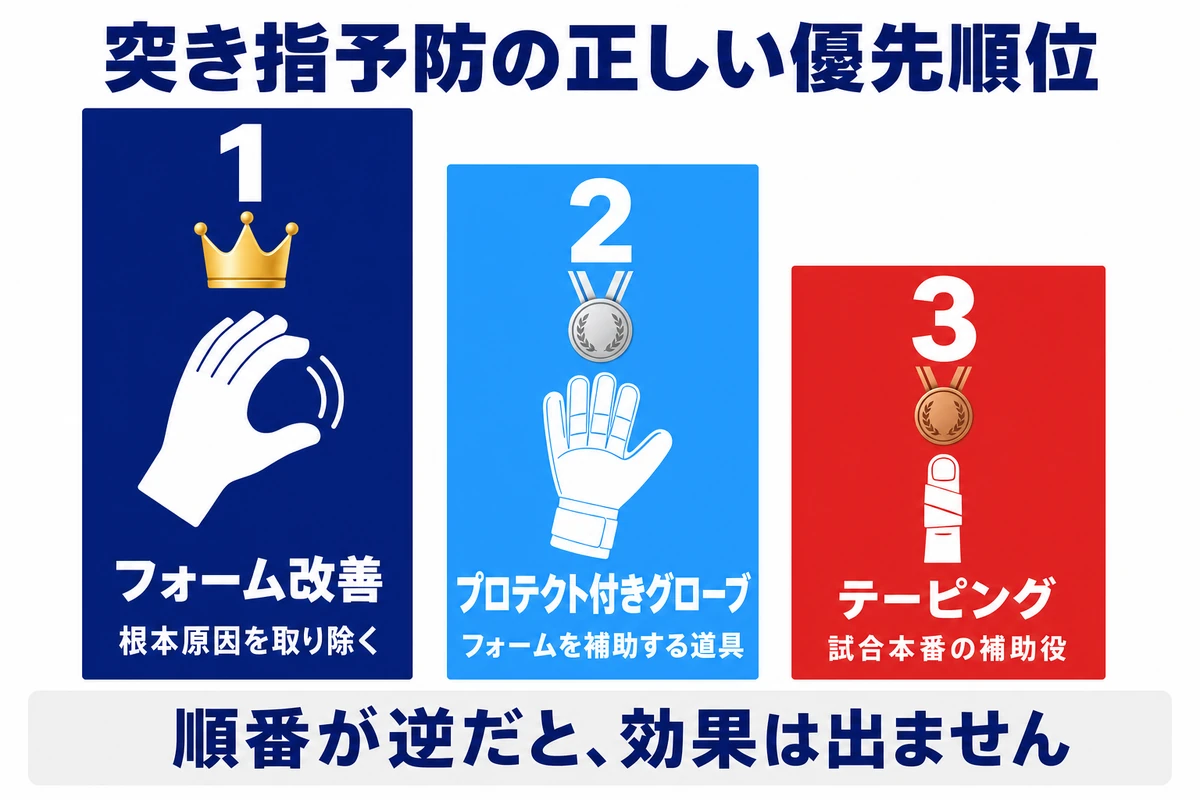 突き指予防の正しい優先順位 フォーム改善 プロテクト付きグローブ テーピング 順番が逆だと効果は出ない