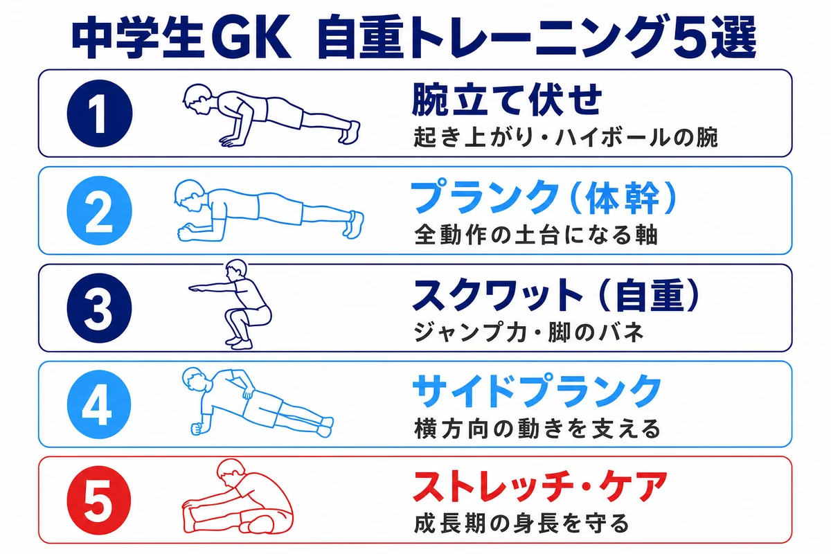 中学生GK 自重トレーニング5選 腕立て プランク スクワット サイドプランク ストレッチ