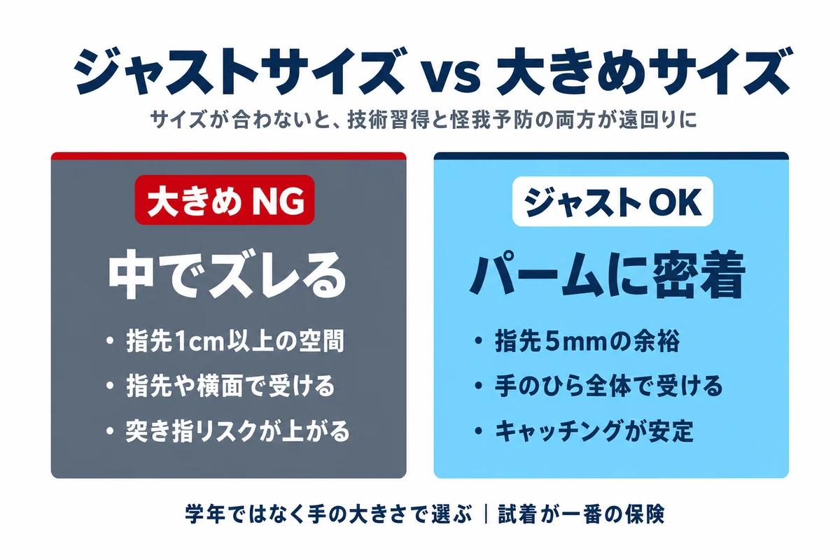 ジャストサイズと大きめサイズの比較。中でズレるNG vs パームに密着OK