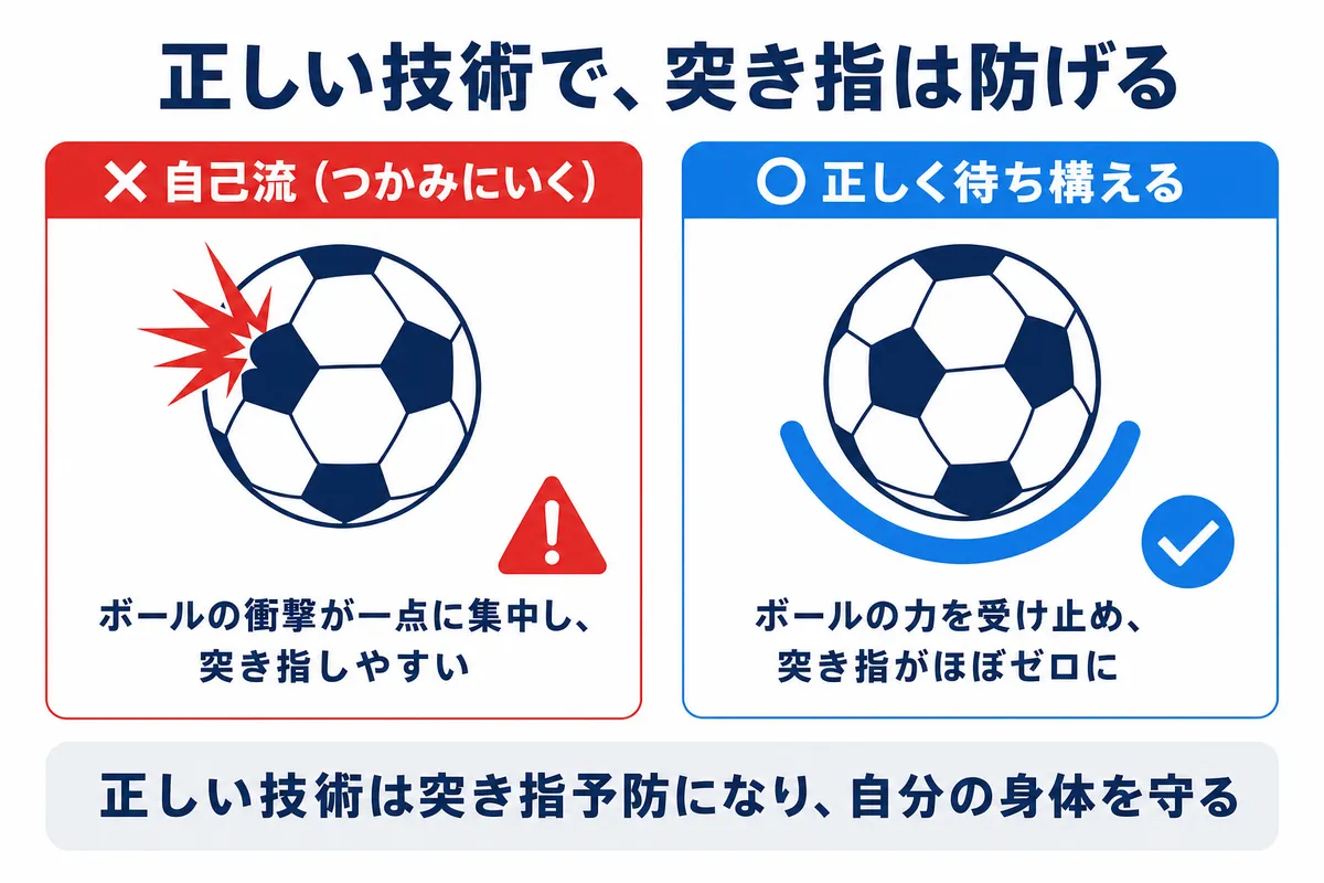正しい技術で突き指は防げる(自己流と正しく待ち構えるの比較)