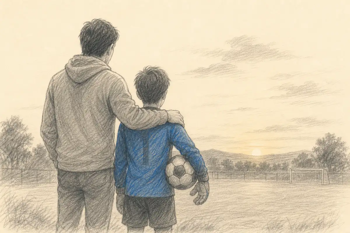 夕暮れに子どもを見守る親子(やらせたくないから見守れるへ)