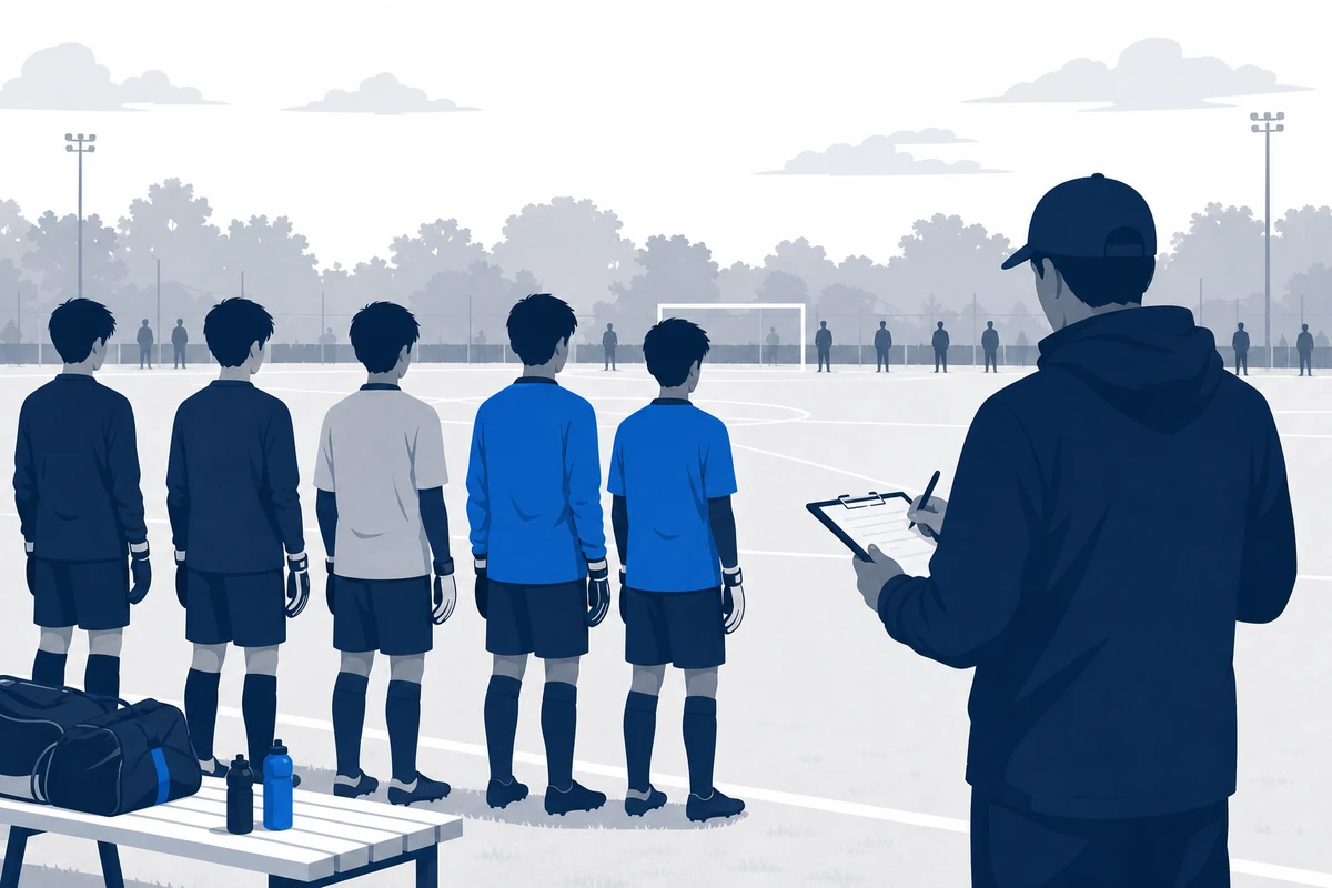 中学生GKのトレセン選考会で選手たちが説明を聞く場面