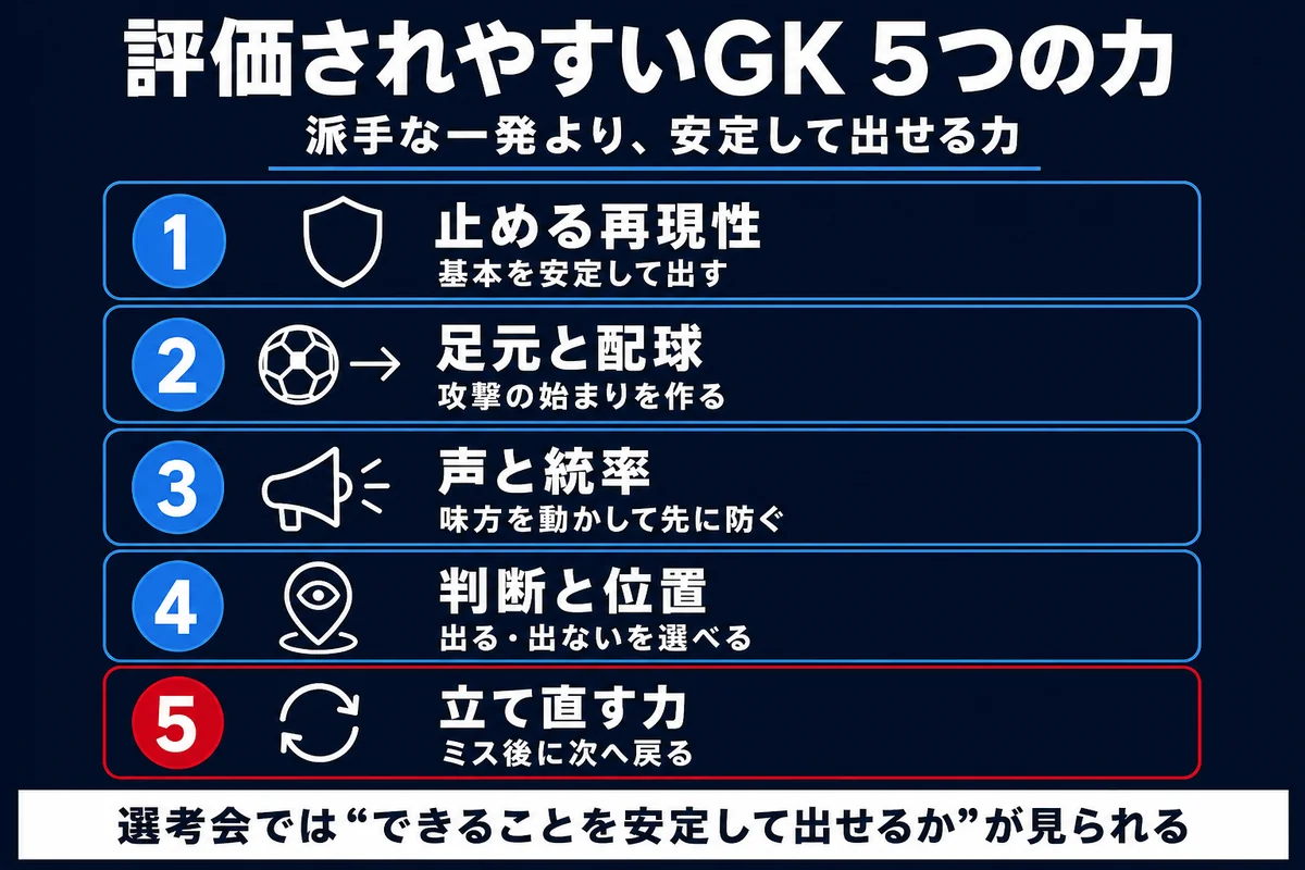中学生GKがトレセンで評価されやすい5つの力を整理した教育図解