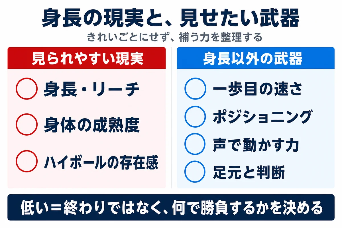 身長の現実と身長以外で見せたい武器を比較した教育図解