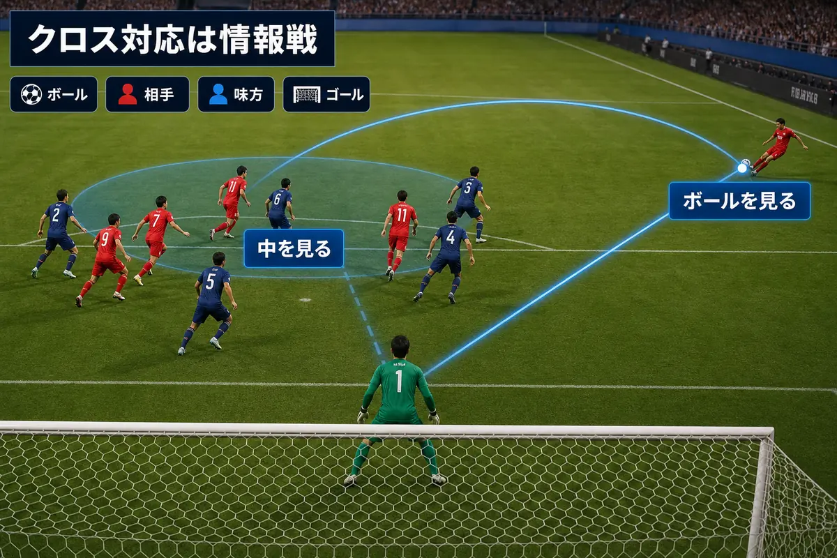 クロス対応でGKがボールとゴール前の状況を同時に確認する試合場面