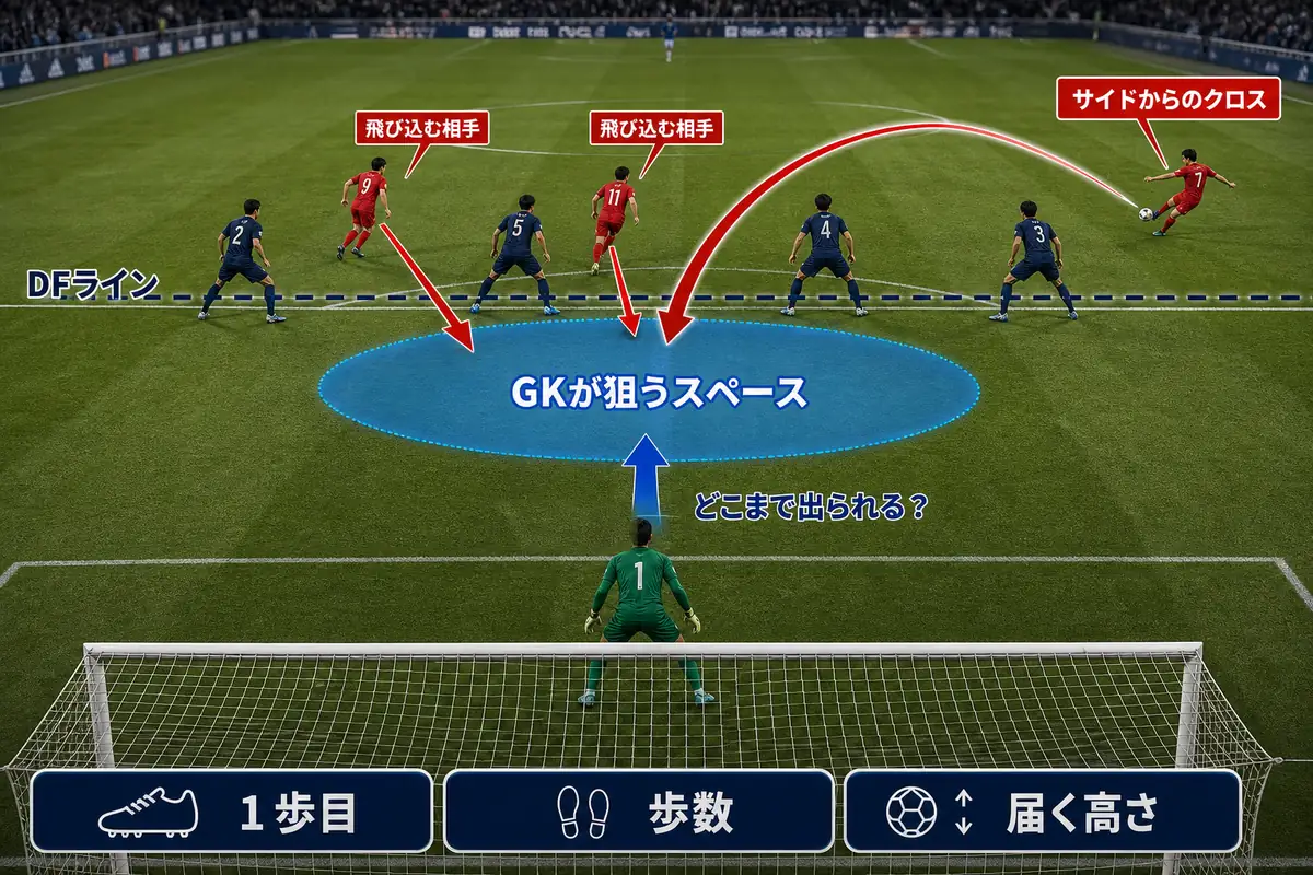 DFライン背後のスペースに対してGKがペナルティーエリア内でどこまでチャレンジできるかを示すクロス対応図