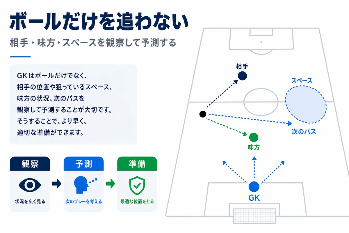 GKがボールだけでなく相手とスペースを観察して予測する流れ