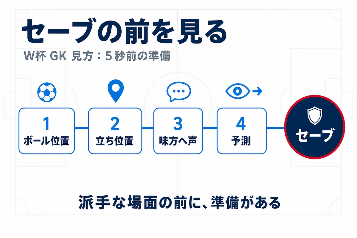 派手なセーブの前にあるGKの準備を5秒前から示した図解