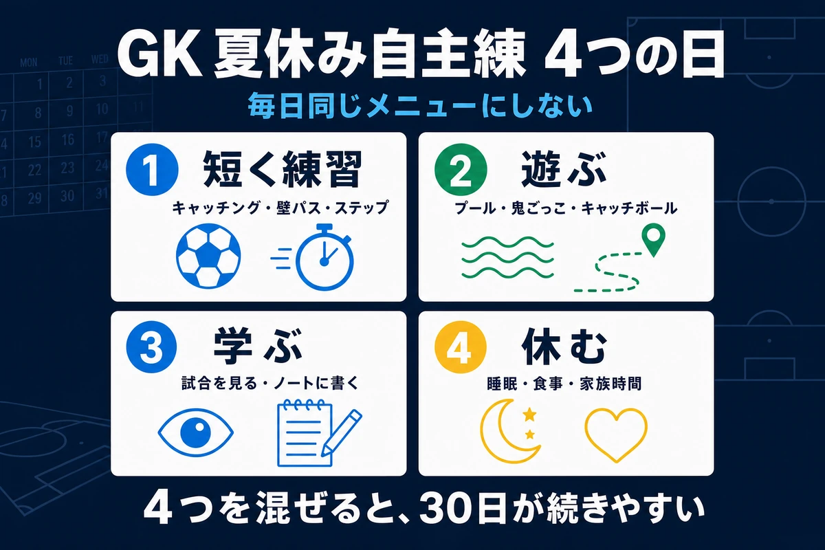 GK夏休み自主練を練習、遊び、学び、休むの4種類で考える分類図