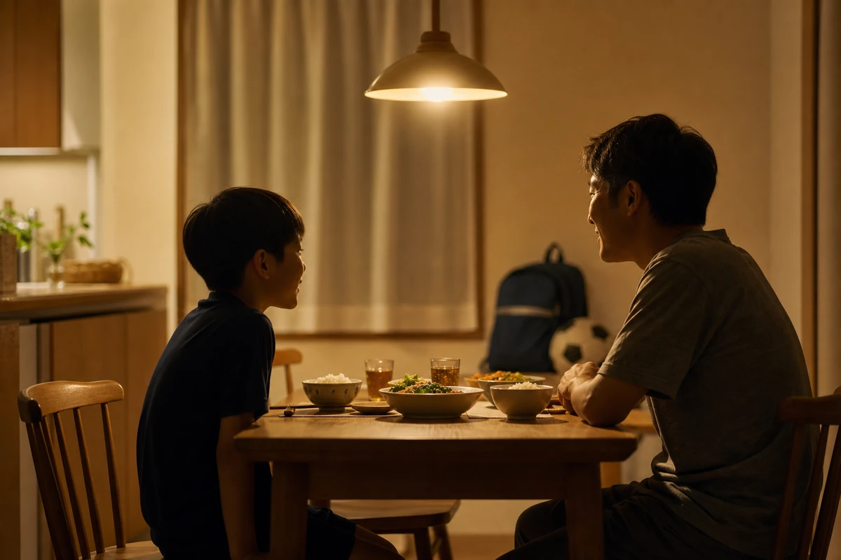 夕食の食卓で夏の振り返りを話す親子の様子