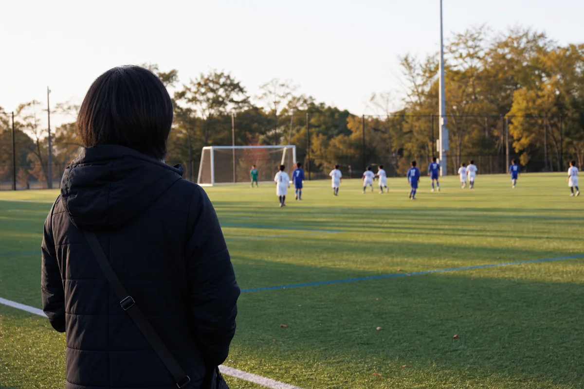 少し離れた場所から子どもの試合を見守る保護者の後ろ姿